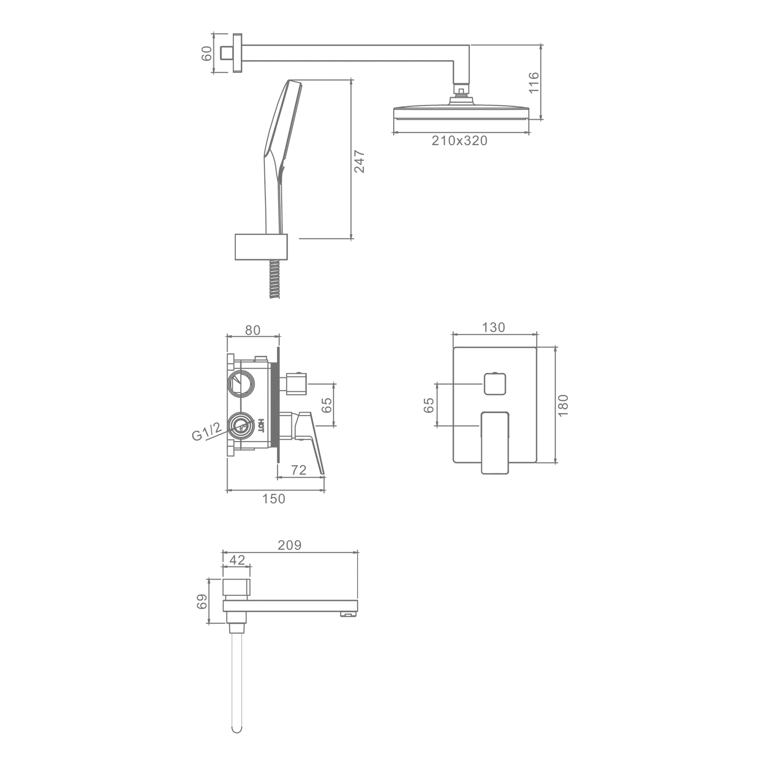 Душевая система Raglo для ванны и душа встраиваемая на 3 режима излив поворотный 20 см, хром R30.27