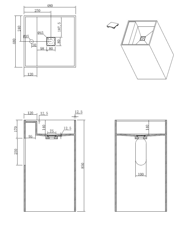 Раковина напольная рифленая Cube Corian 480*480*850 Matt White в магазинах СантехГид