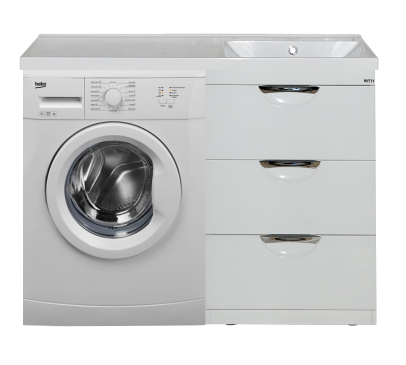 Тумба Куба - 50 3 ящ. под стиральную машину белая эмаль  + раковина левая