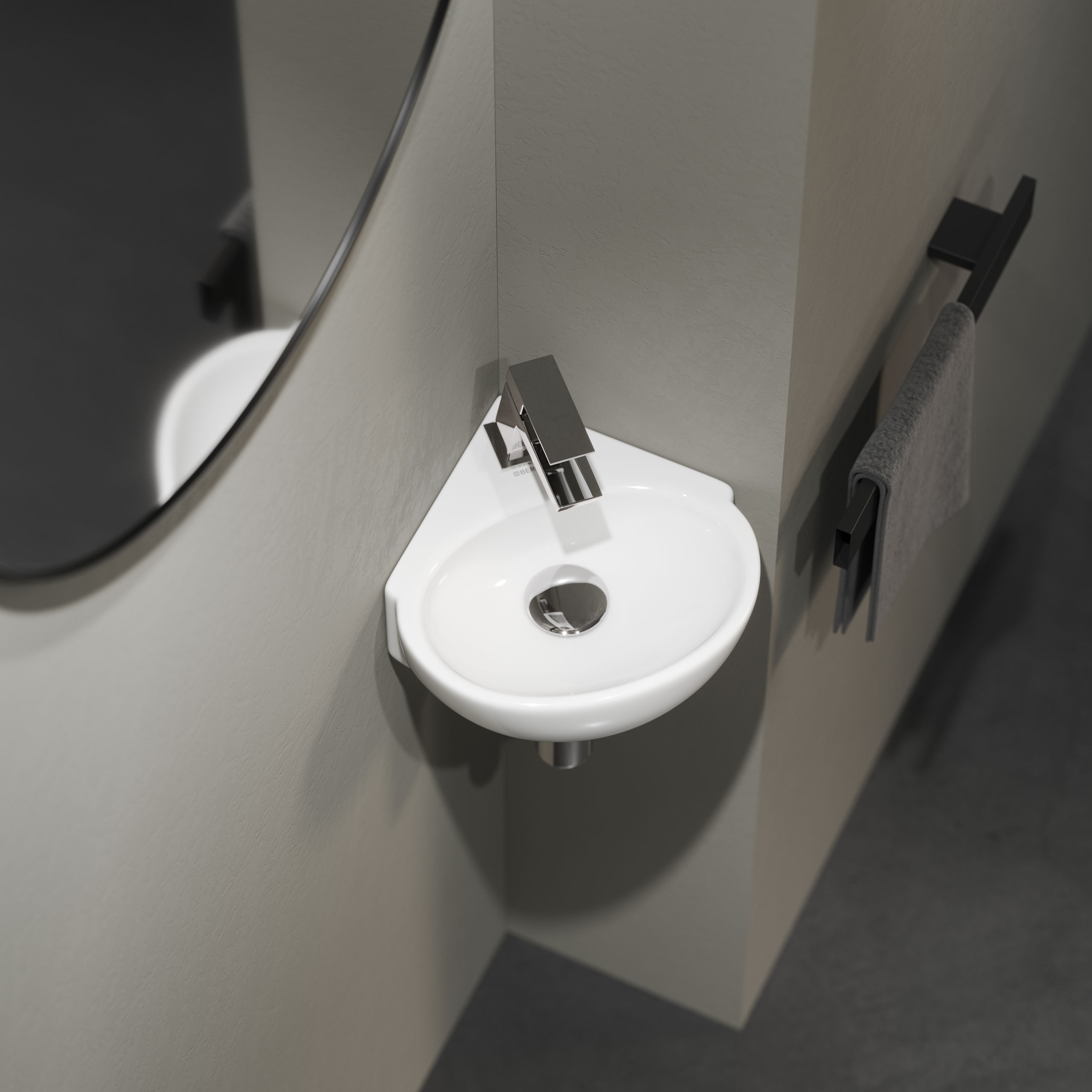 Подвесная раковина из санфарфора Berges Small размером 31,5х30х9,5 см. Угловая, с отверстием под сме в магазинах СантехГид