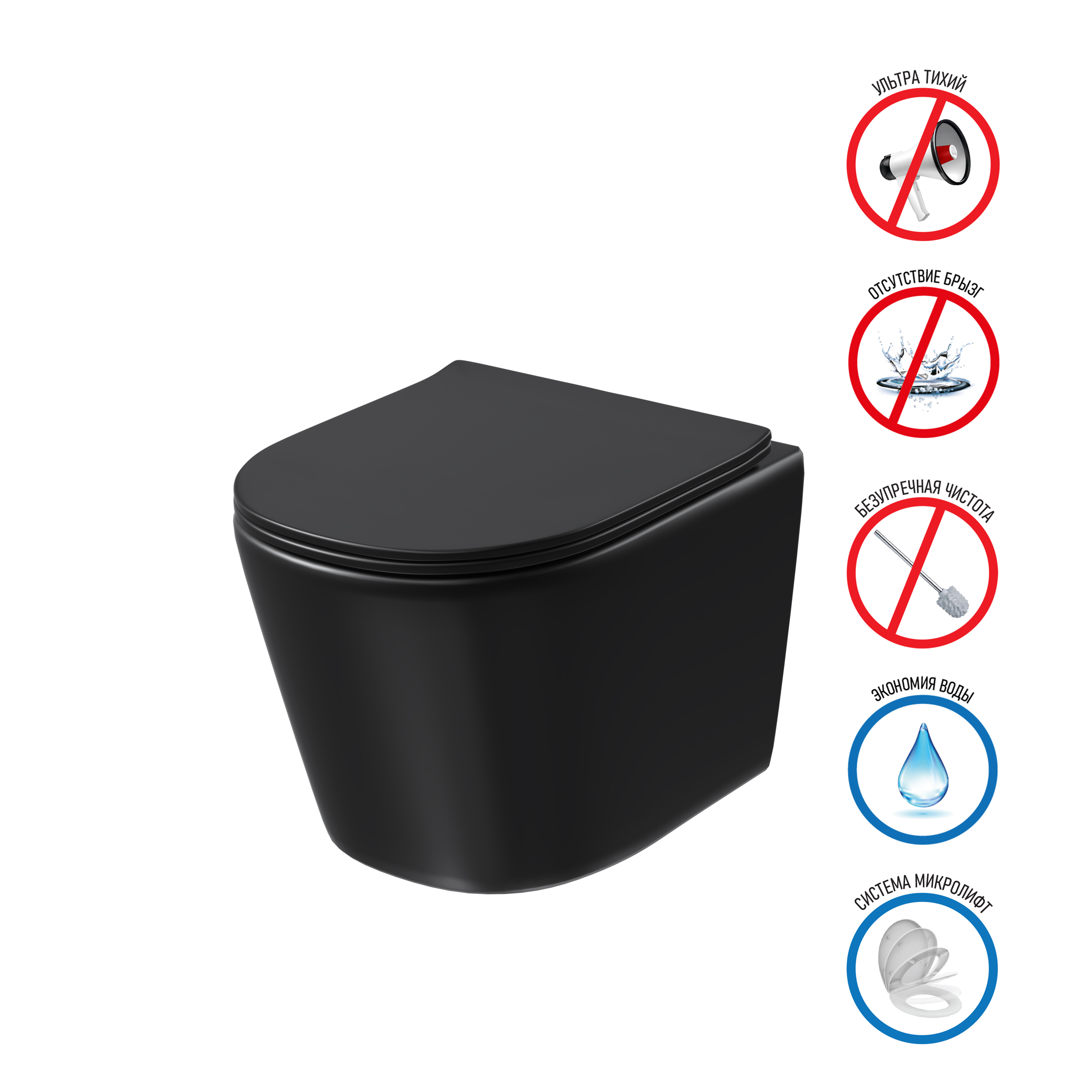 Унитаз подвесной Grossman (485х36х33) безободковый,черный матовый с тонкой крышкой GR-4477BMSQ