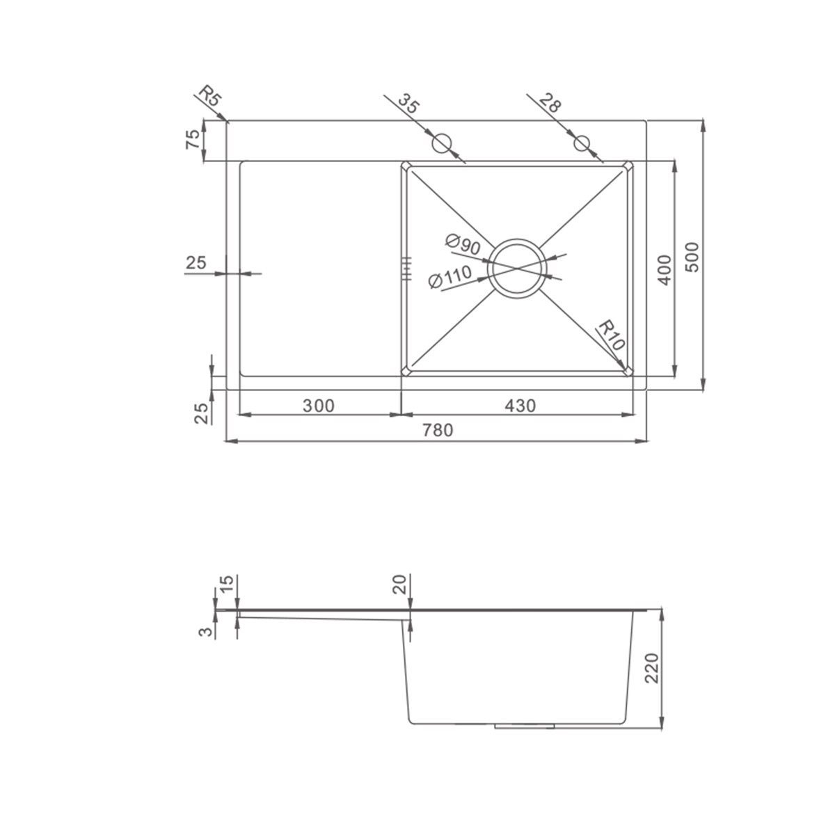 Кухонная мойка Splenka S704.7850.03 с крылом из нержавеющей стали в базу от 50см (чаша СПРАВА), сатин золотой