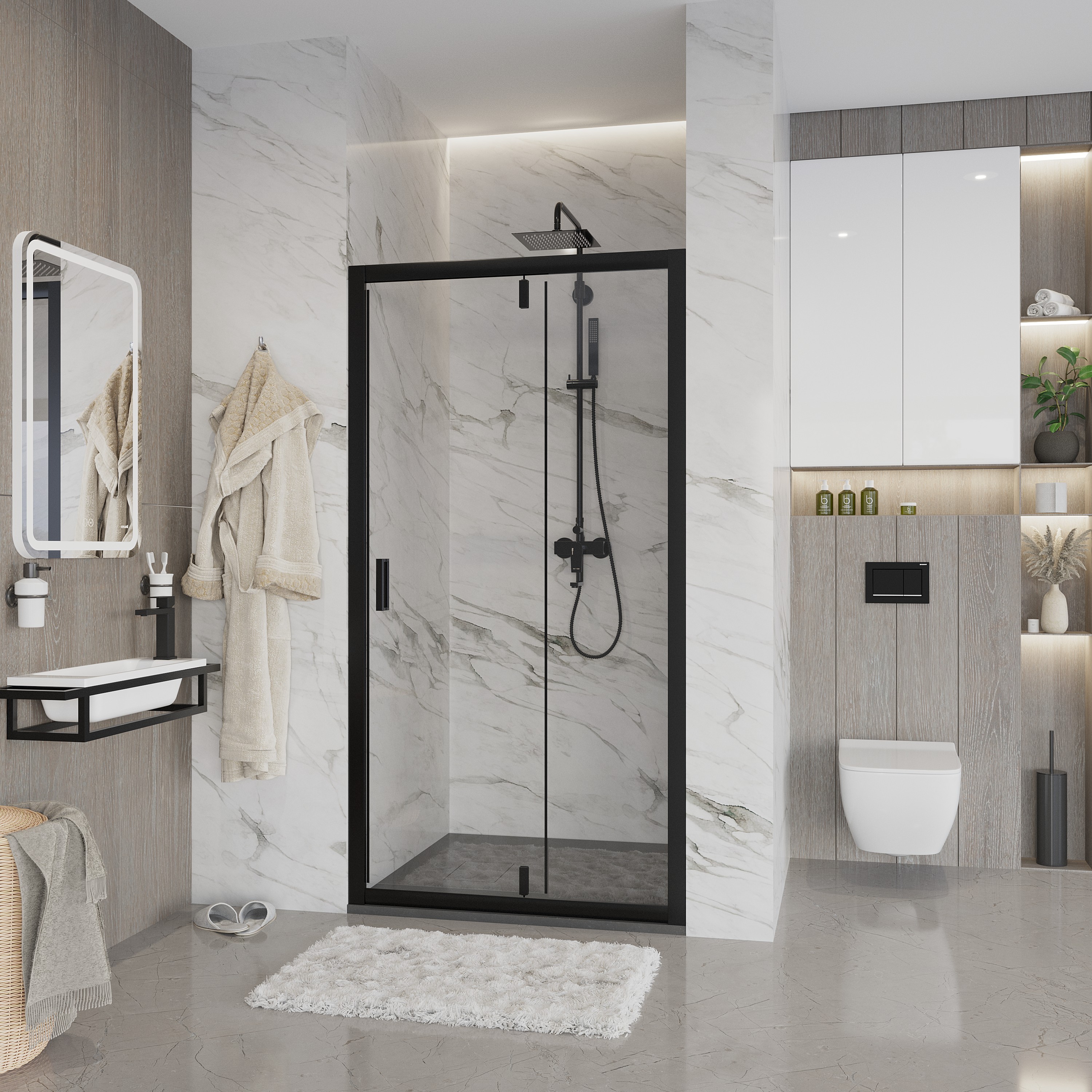 Дверь в нишу Niagara Nova (100х195) черный,дверь распашная,стекло прозрачное,1 место NG-83-10AB 