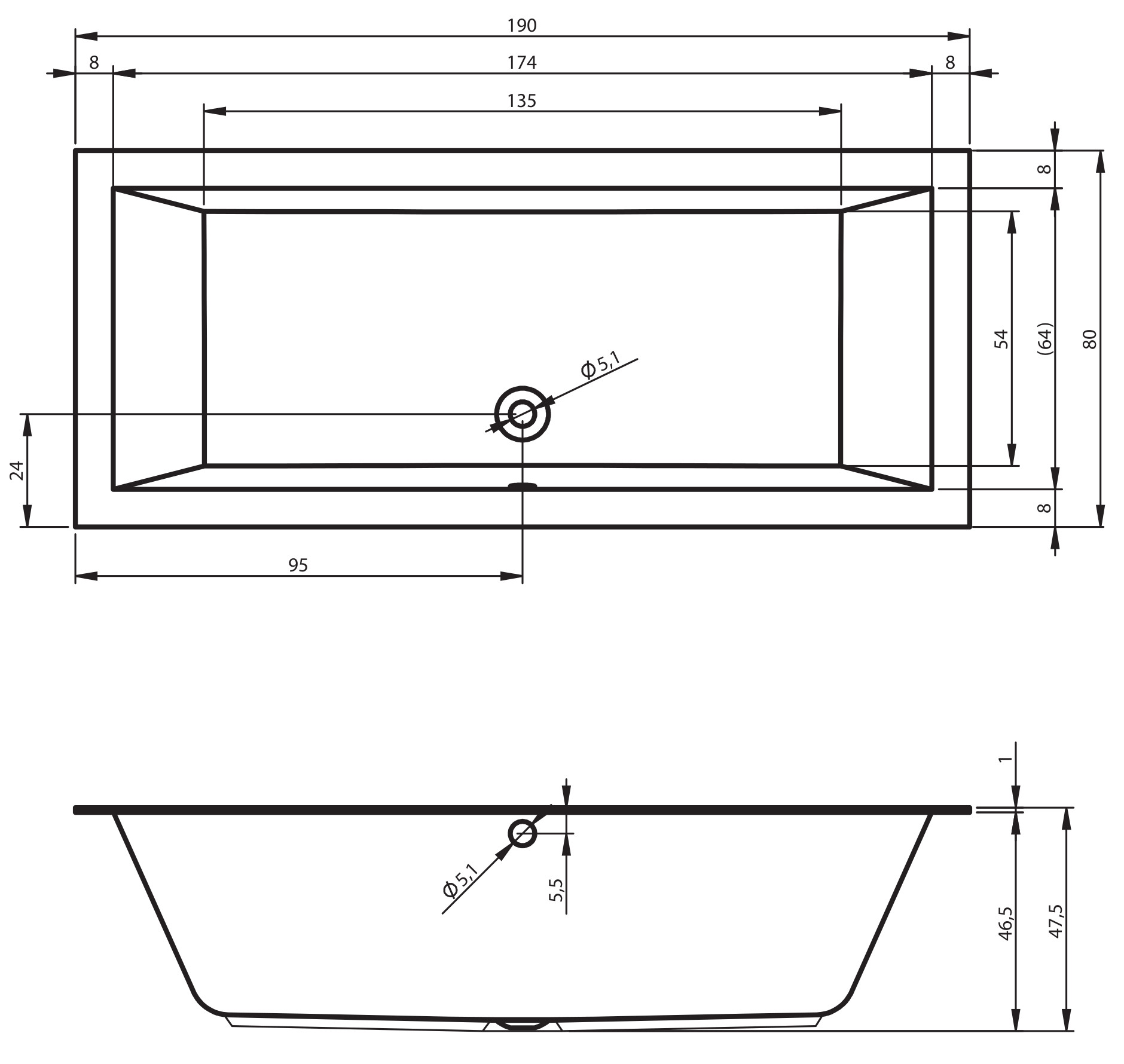 Ванна акриловая  LUGO 190x80 (с тонким бортом)