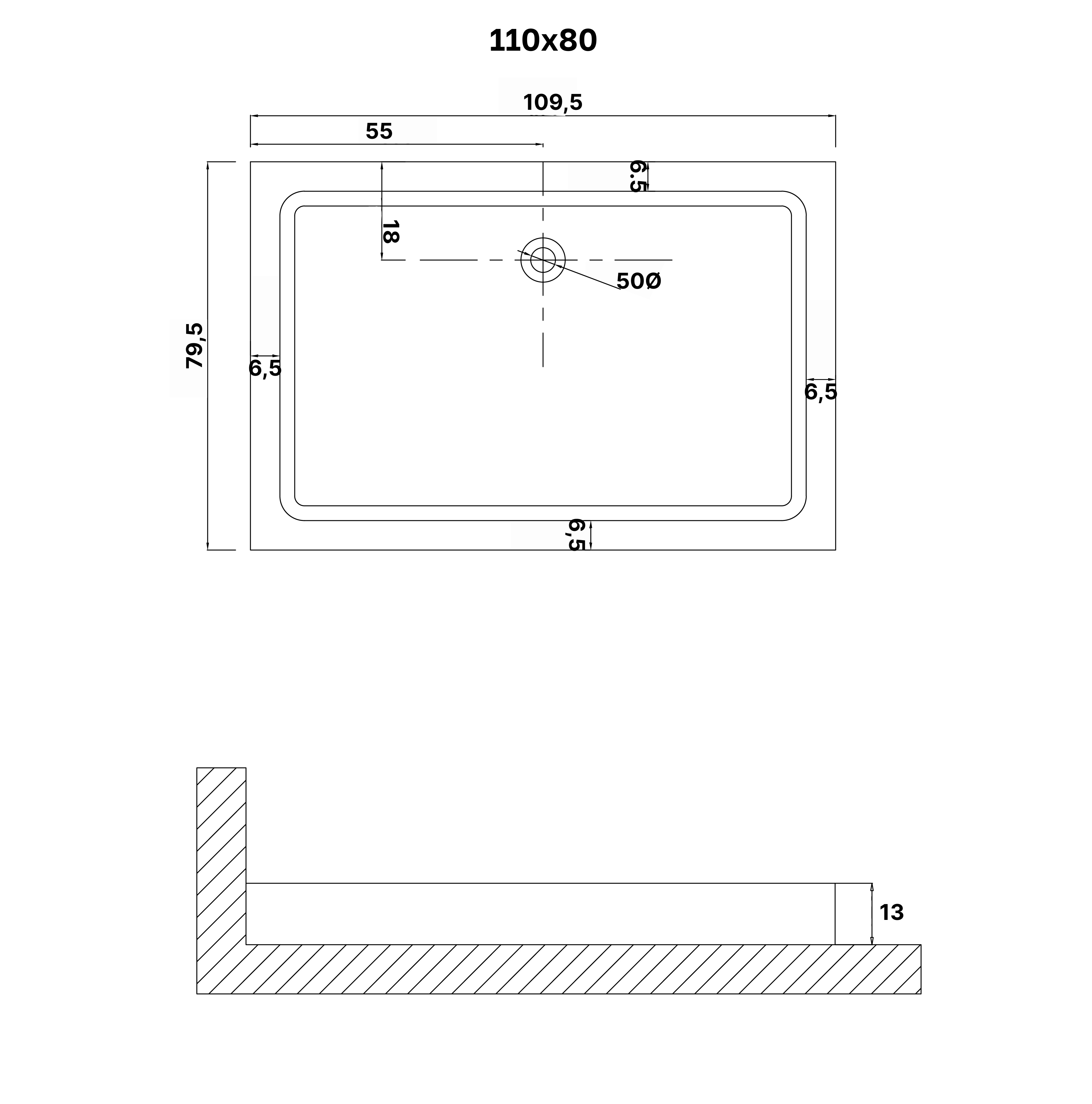 Душевой поддон (110х80х13) прямоугольник,1 место NG-P1180-14Q