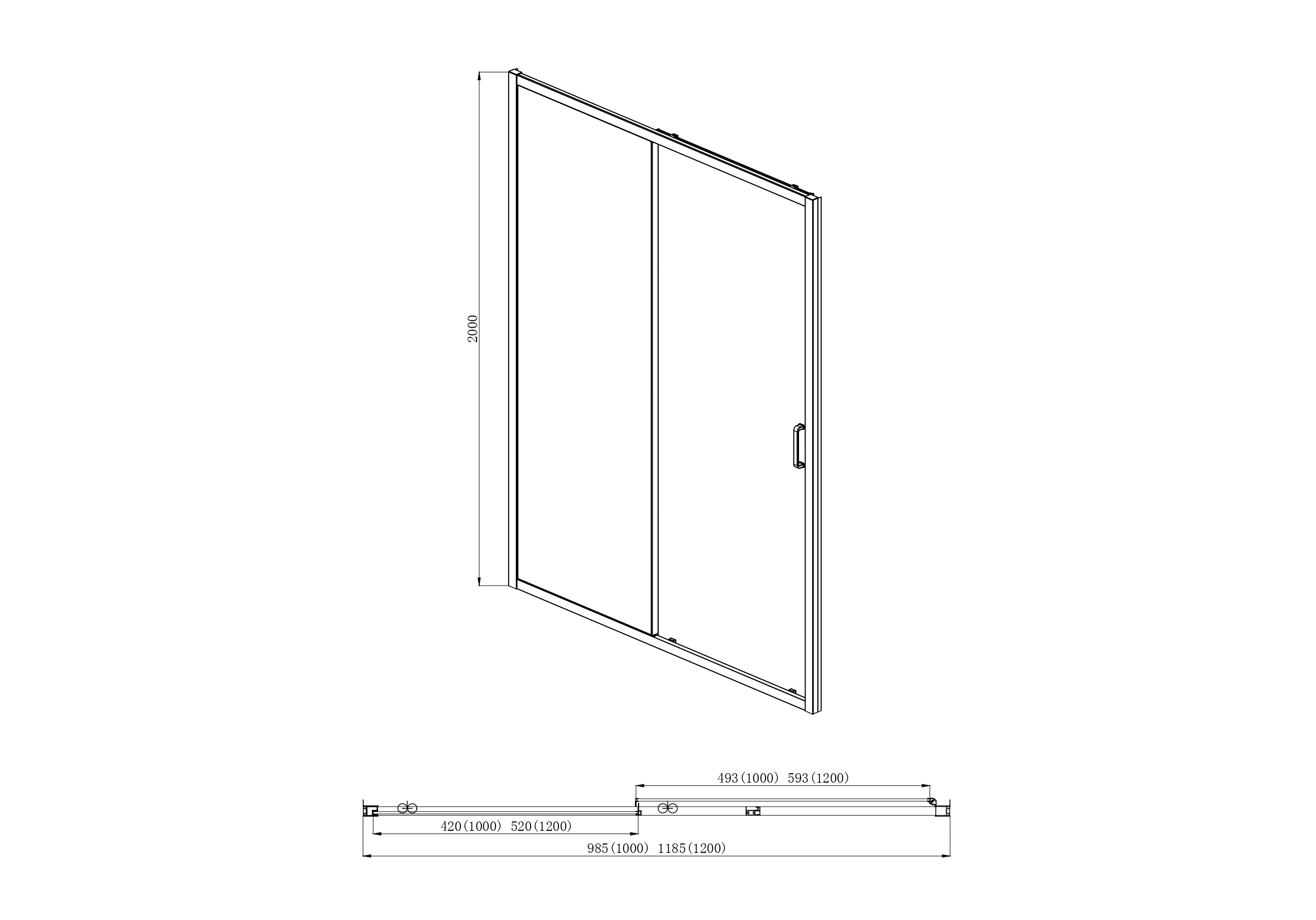 Душевая дверь двухэлементная, раздвижная1200x2000 профиль хром, стекло прозрачное AQ NAA 6121-120 