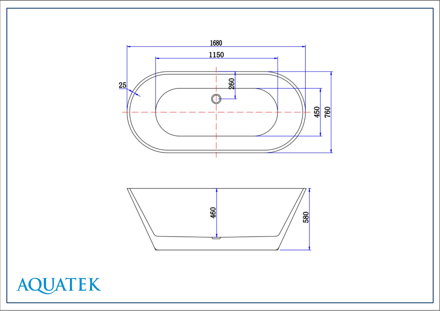 Ванна акриловая,отдельностоящая, AQUATEK ХОРСА 1680*760*580. В комплекте со сливом и ножками.Цвет: белый глянцевый. AQ-5776