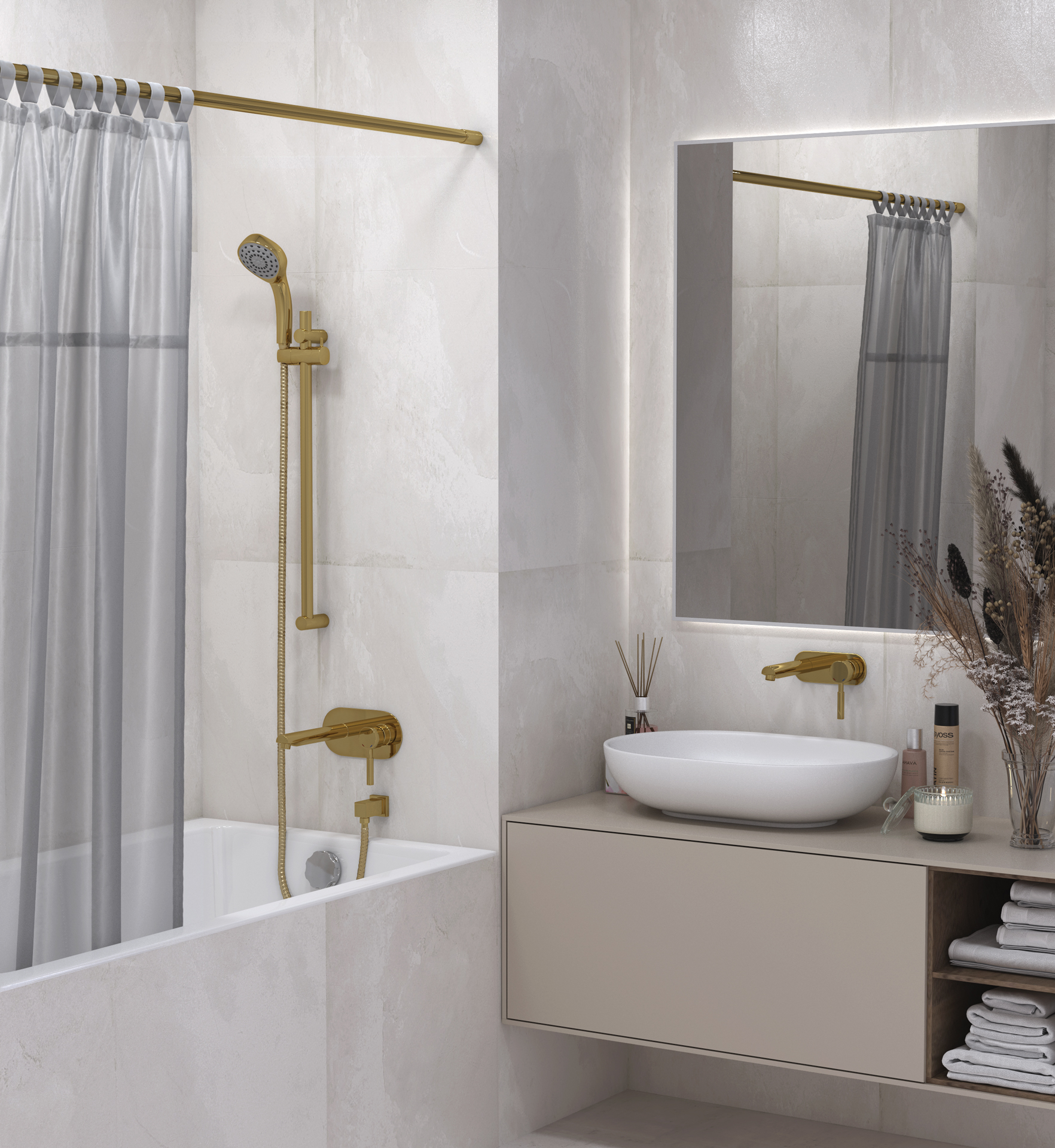 Карниз для ванной прямой телескопический / L 1500 (Золото)