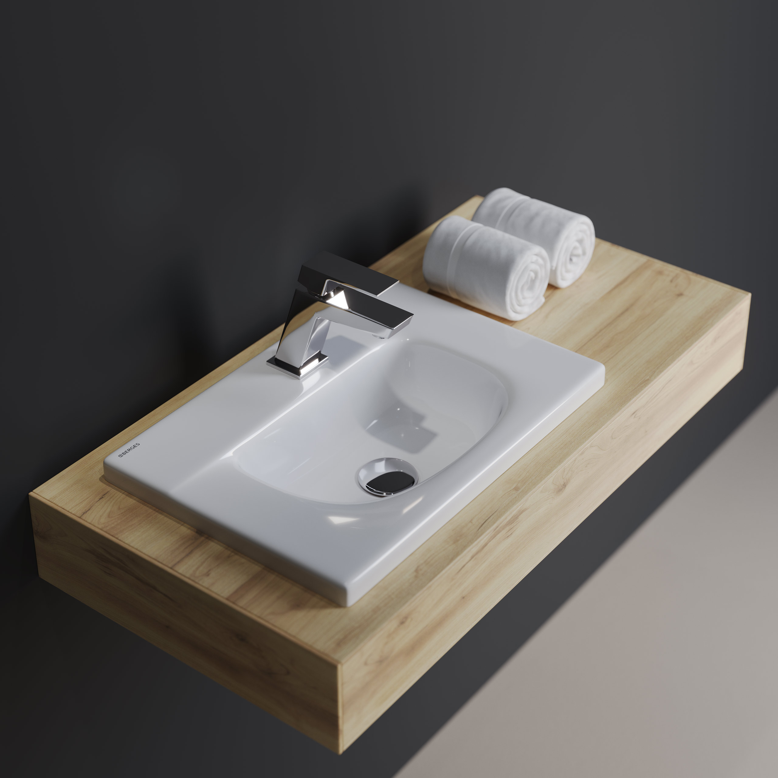 Подвесная раковина из санфарфора Berges Small размером 45х31 см. Прямоугольной формы, с отверстием п в магазинах СантехГид