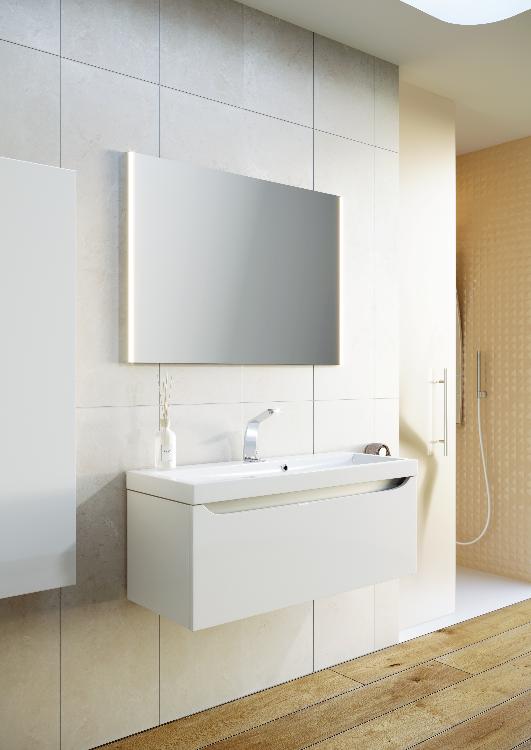 Подвесная тумба в цвете белый глянец с одним выдвижным ящиком и полкой, скрытой за фасадом, из литьевого мрамора