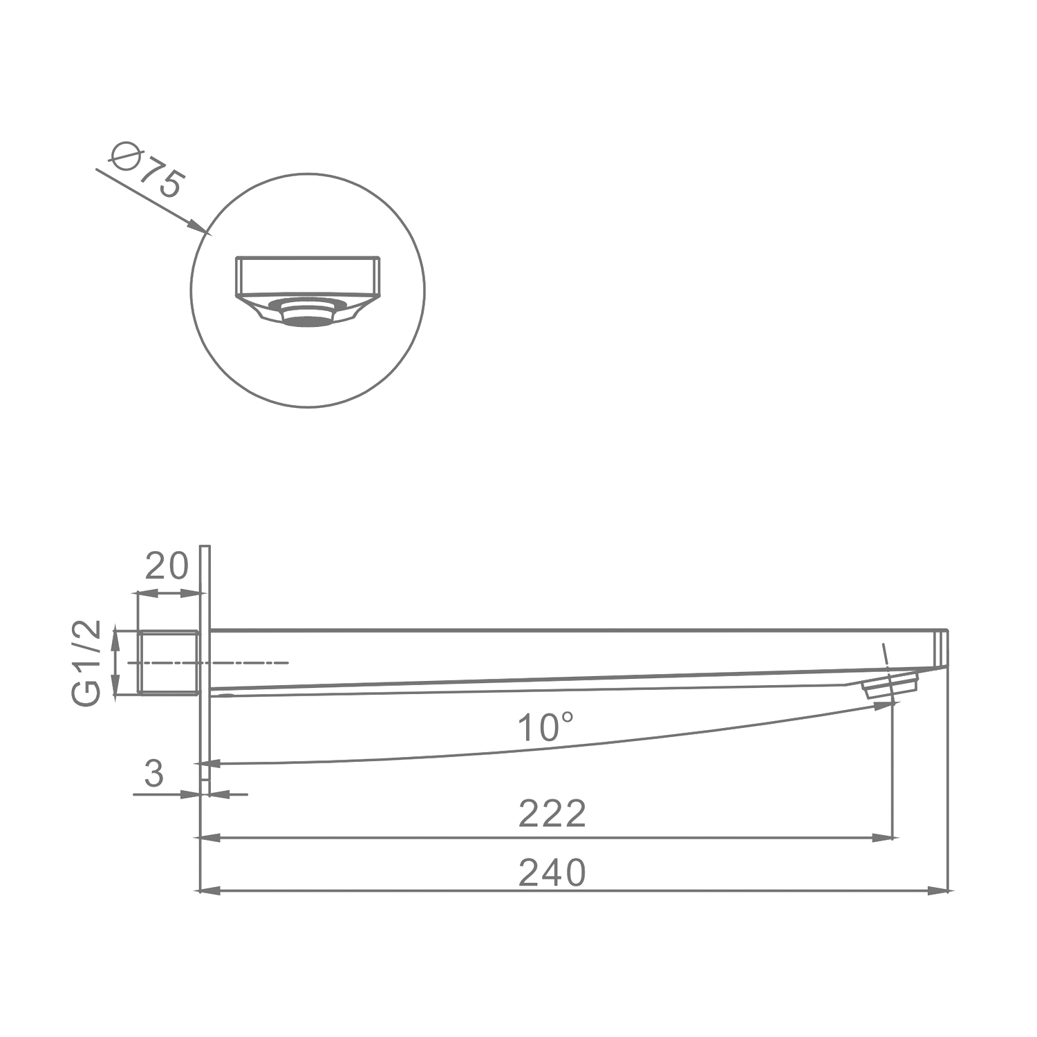 Встраиваемый наполнитель Raglo для ванны и душа излив монолитный 24 см латунь, Оружейная сталь R473.61.09