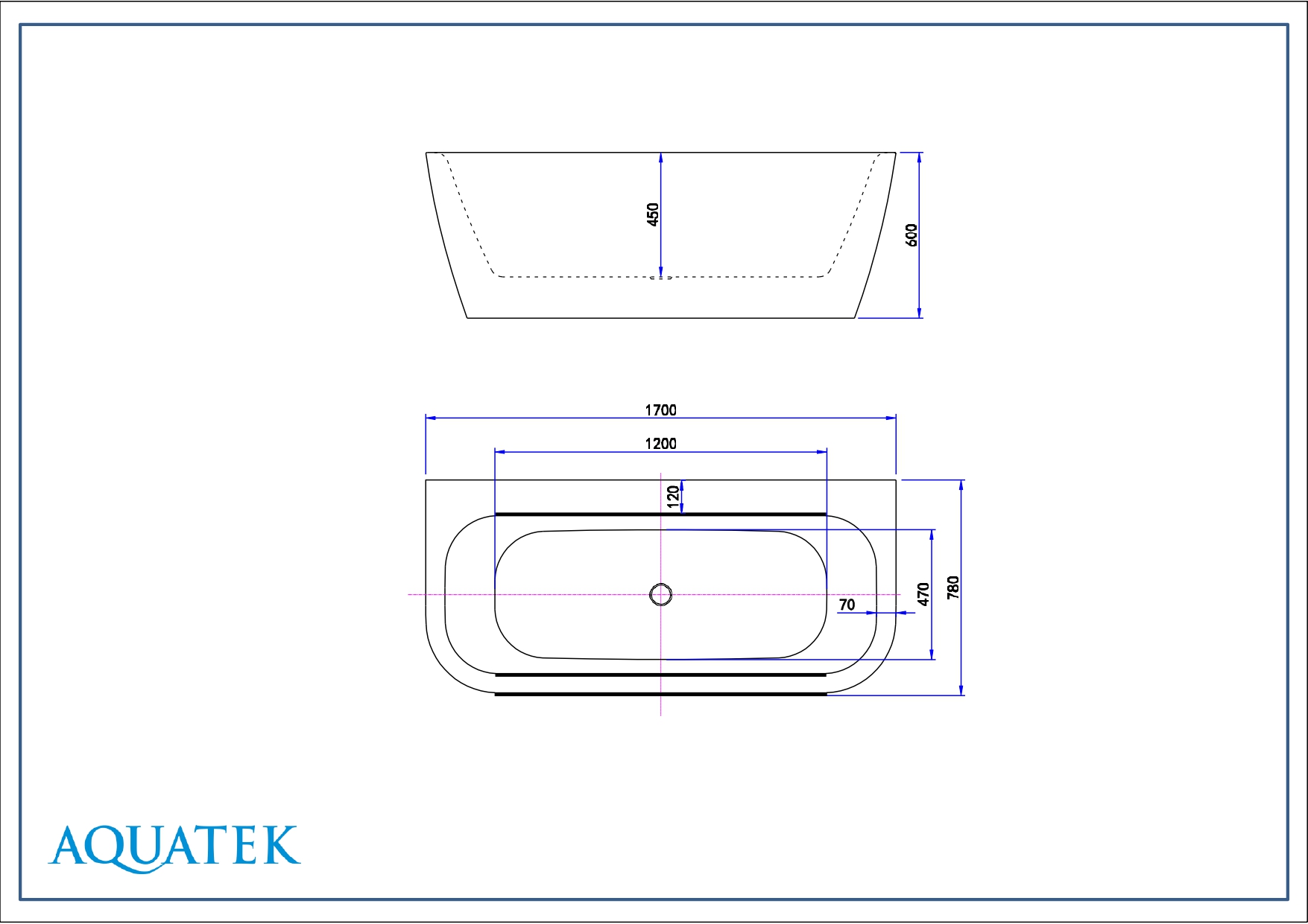 Ванна акриловая, пристенная, AQUATEK АЛТЕЯ 1700*780*600 мм, В комплекте со сливом и ножками.Цвет: белый глянцевый. AQ-123778