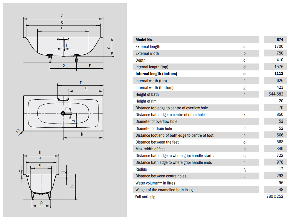 Ванна стальная Kaldewei SILENIO 1700х750х410, самоочищающееся покрытие Easy clean, alpine white, без ножек, с отв. для ручки