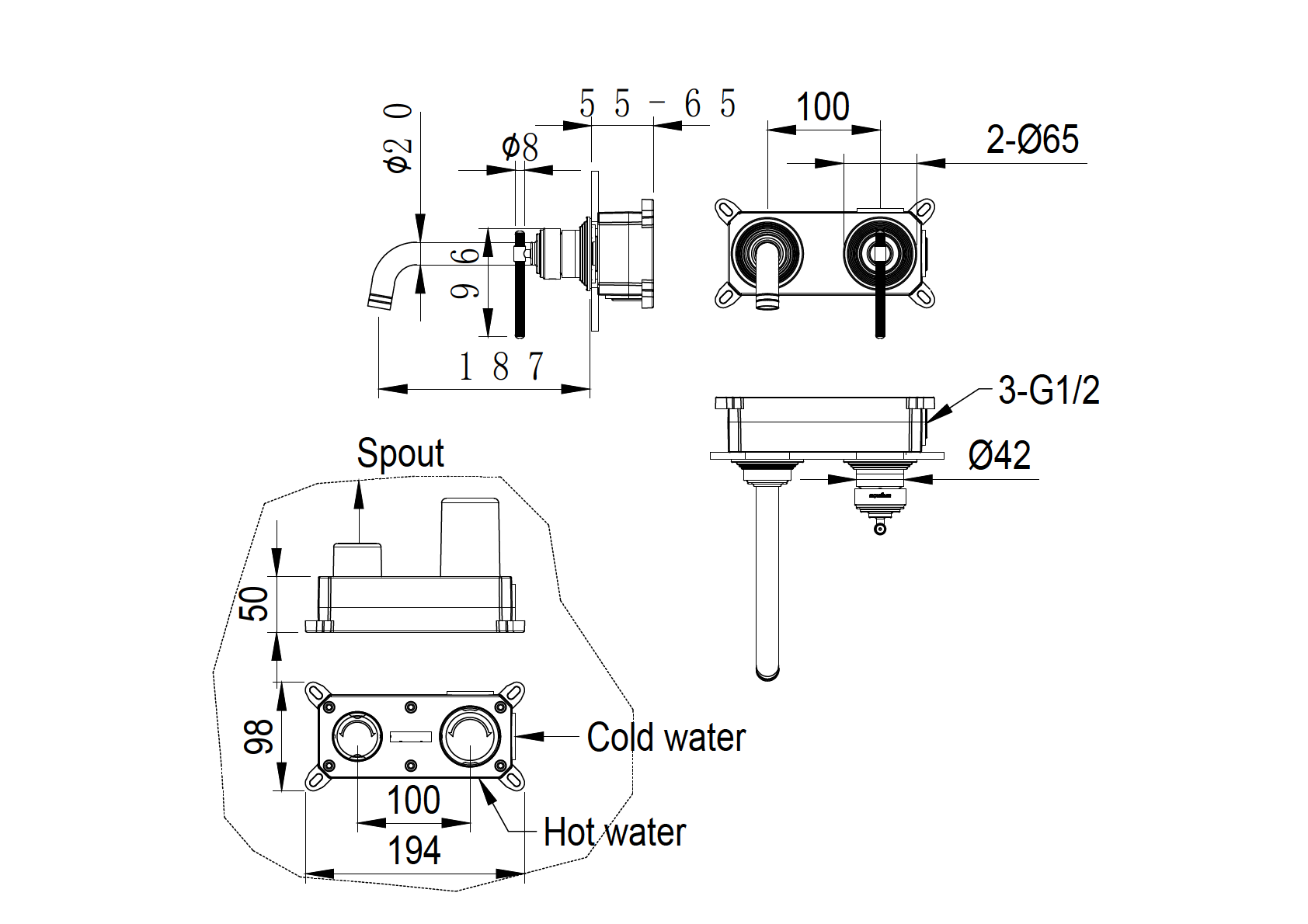Смеситель для умывальника из стены, ETERNA NICKEL BRUSH