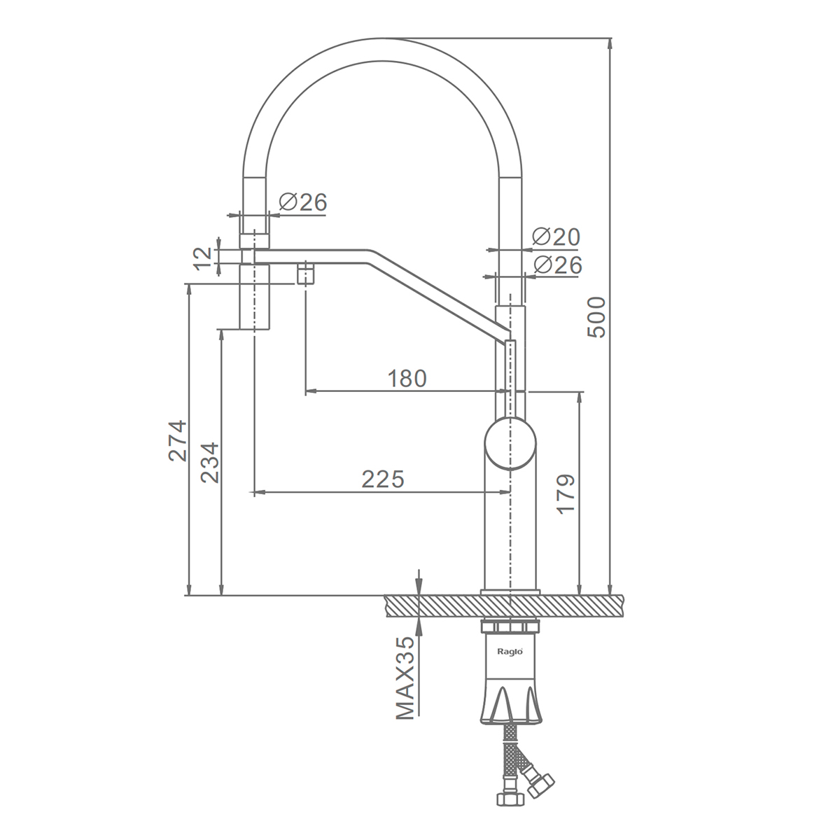 Смеситель Raglo R20.62.03 для кухни с подключением к фильтру съёмный гибкий излив  с магнитным фиксатором, сатин золотой