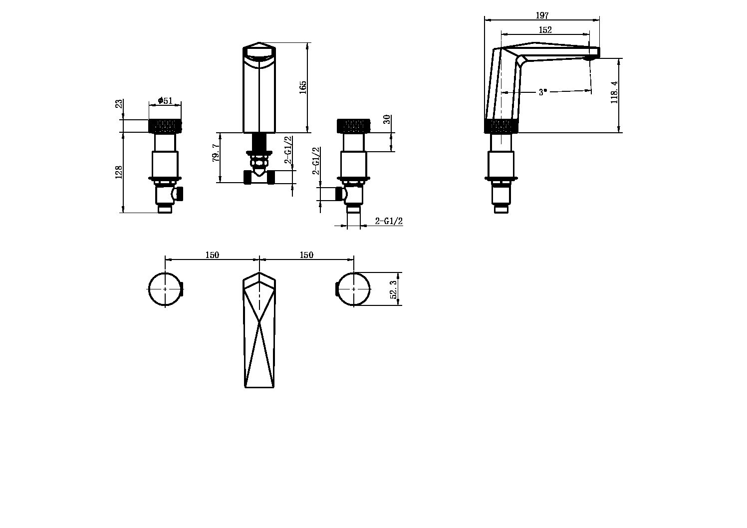 Смеситель врезной на 3отв. VENTURO Matt Gold, ручка ICE