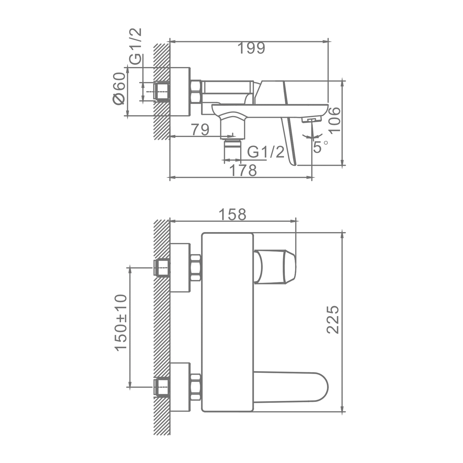 Смеситель Raglo для ванны и душа настенный излив поворотный 15 см, черный R31.30.06