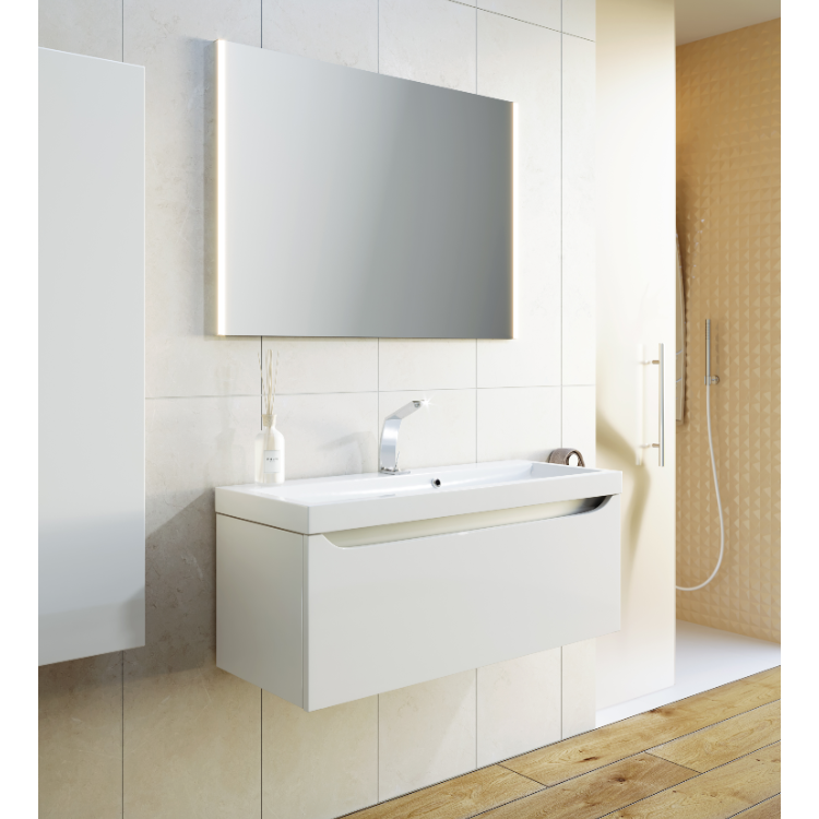 Подвесная тумба в цвете белый глянец с одним выдвижным ящиком и полкой, скрытой за фасадом, из литьевого мрамора