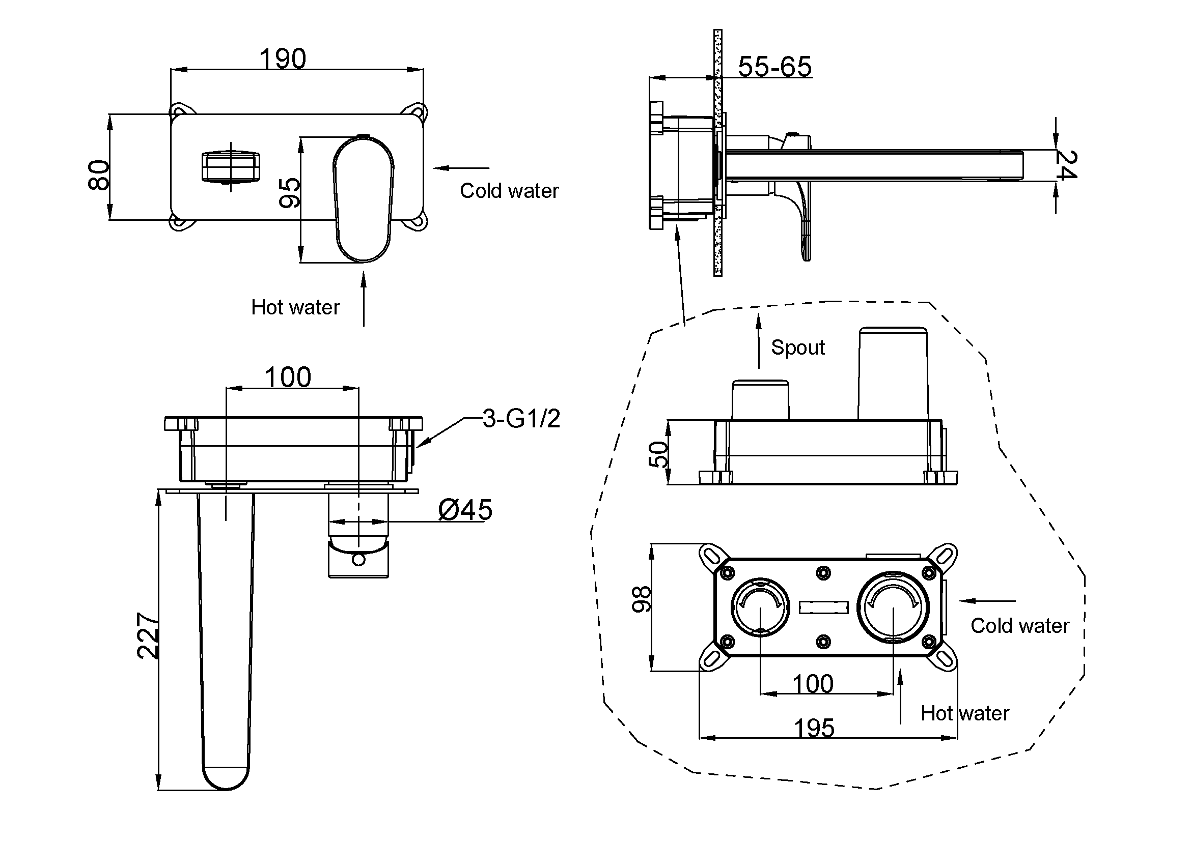 Смеситель для умывальника из стены SPECTRE Matt White