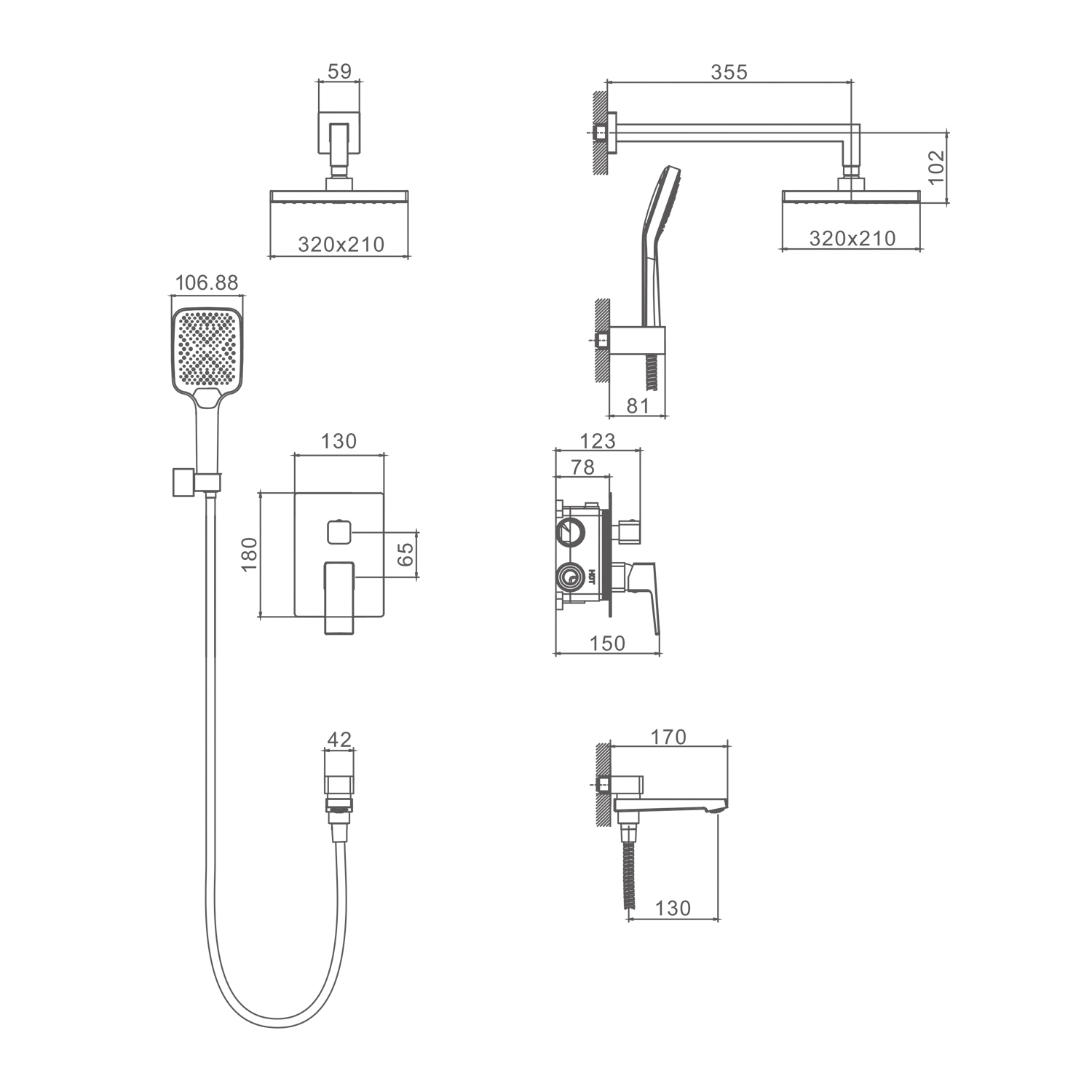 Душевая система Splenka S01.27 для ванны и душа встраиваемая на 3 режима поворотный излив 17 см, хром