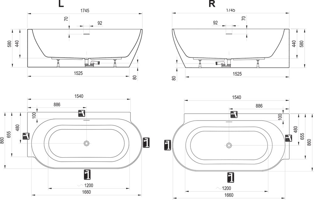 Ванна FREEDOM Corner II TEC L 1750x860 пристенная БЕЛАЯ (слив-перелив - ЧЕРНЫЙ)