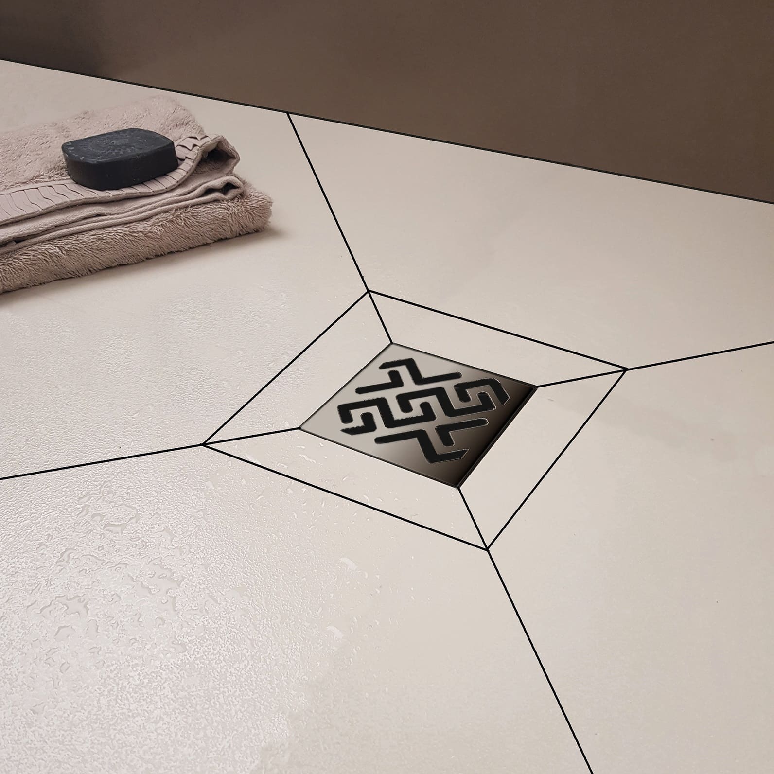 Трап BERGES водосток PLATZ Antik 150х150, Хром матовый, S-сифон D50 H60 боковой