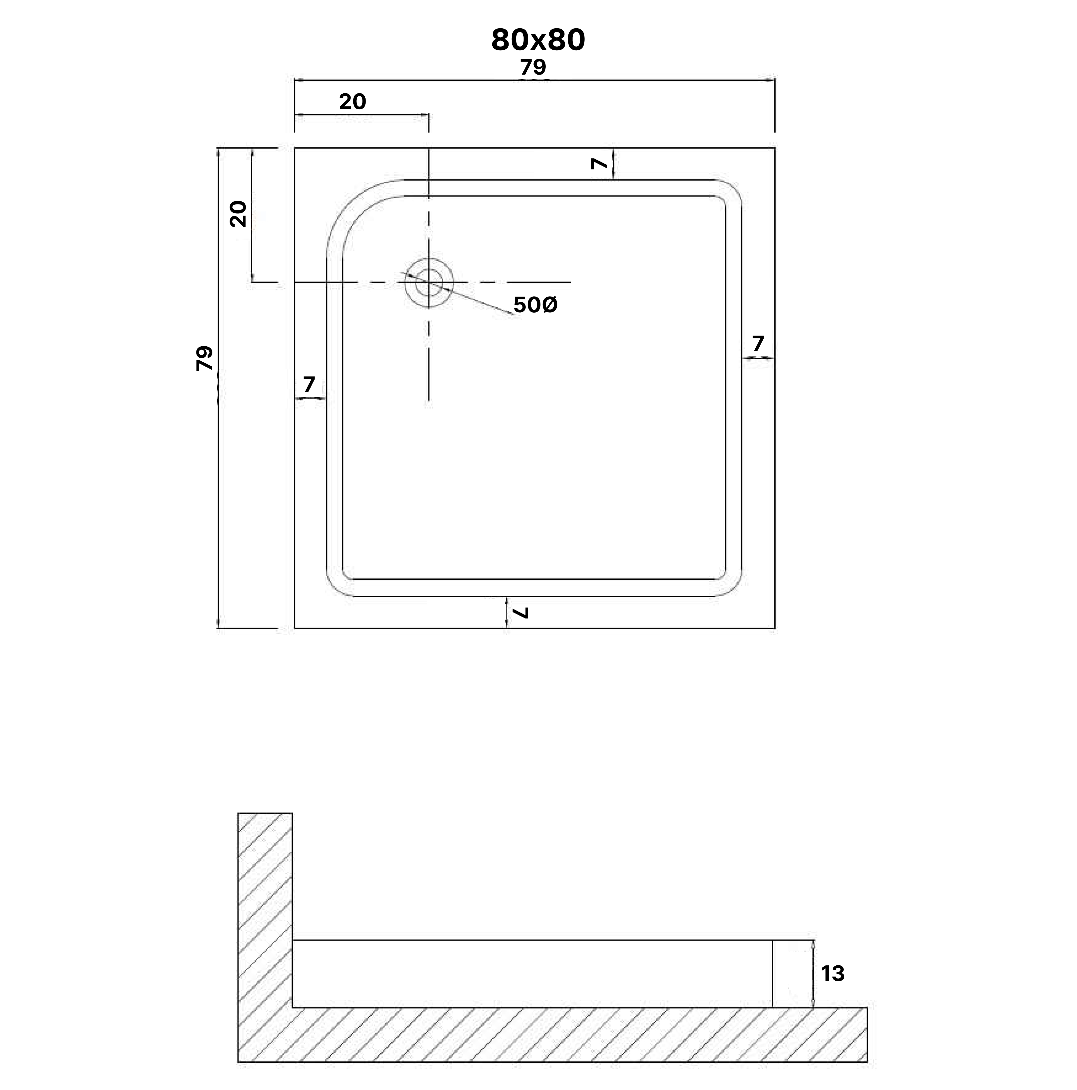 Душевой поддон (80х80х13) квадрат,1 место NG-P8080-14Q