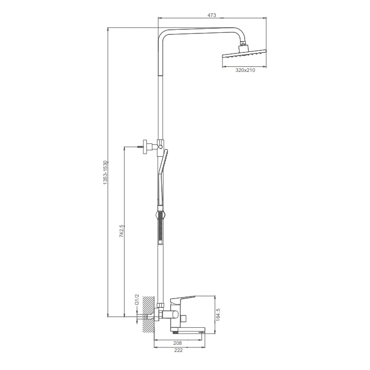 Душевая система Prohanss P60.24.09 для ванны и душа с тропическим душем поворотный излив 15 см, графит
