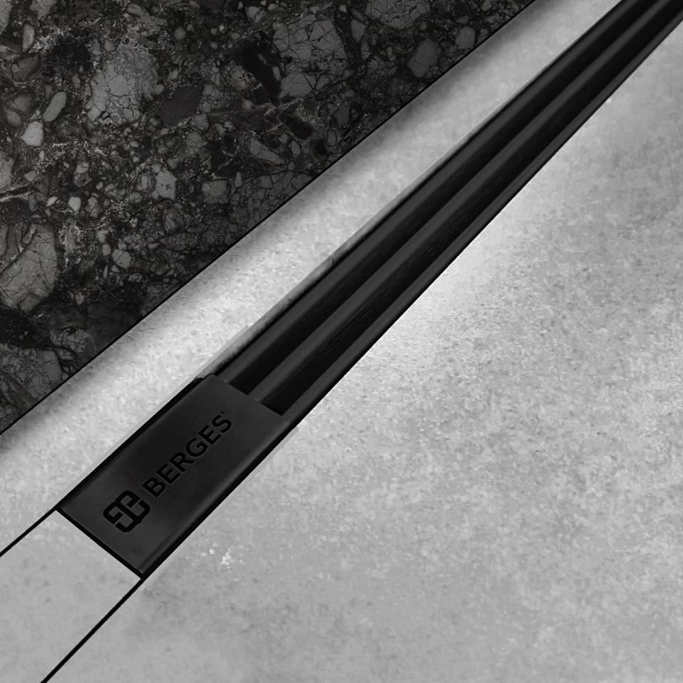 Желоб BERGES водосток напольный SUPER Slim 800 нержавеющая сталь, решетка  матовый черный, S-сифон D50 боковой