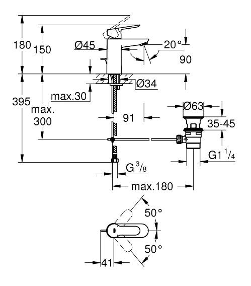 Смеситель для раковины BauEdge, сливной гарнитур, хром 23328000