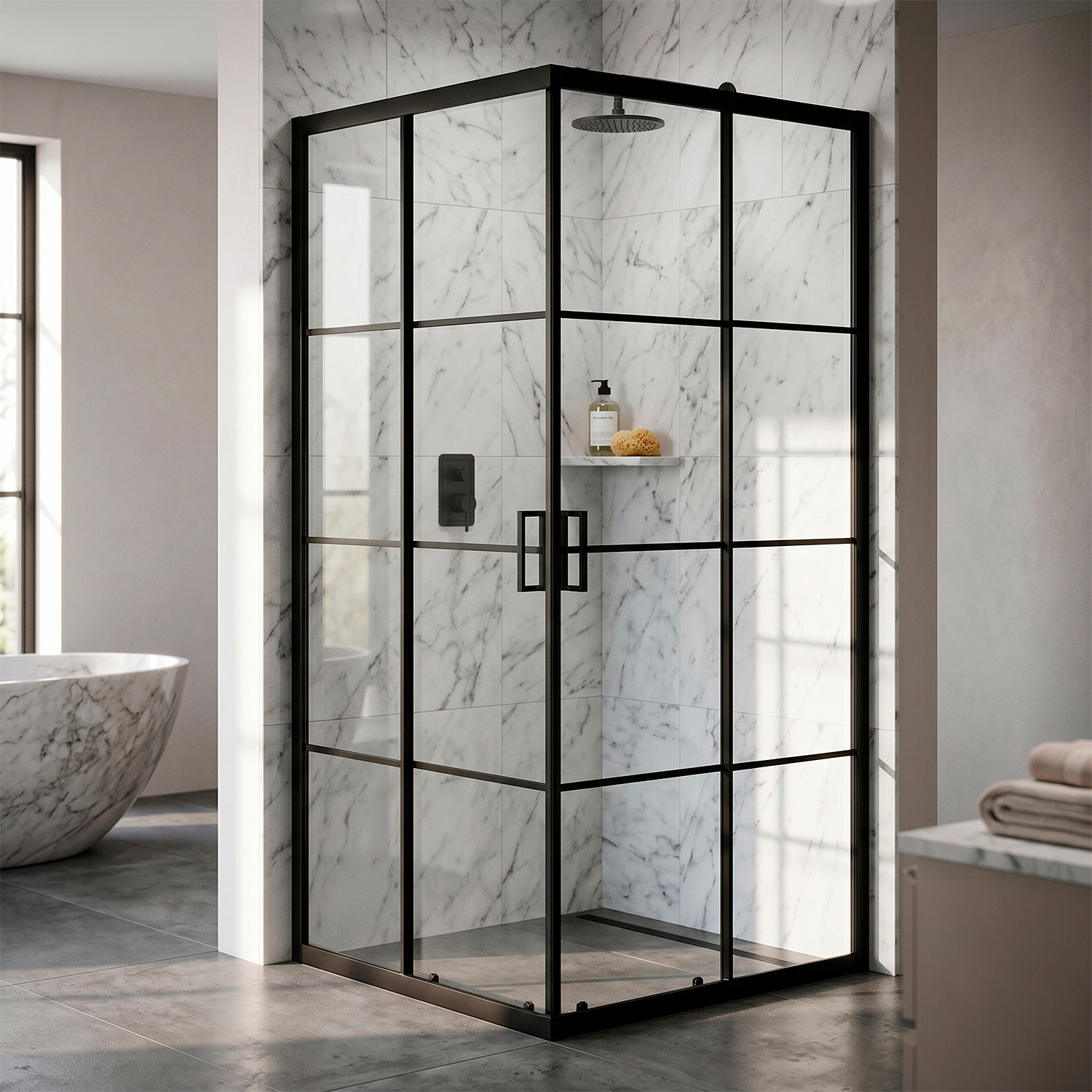 Душевое ограждение Loranto 90x90x190 раздвижная дверь, прозрачное стекло "Лофт клетка" 6 мм, профиль черный матовый (CS-211F-90) 