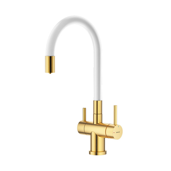 Смеситель Splenka S70.64.03 для кухни с подключением к фильтру гибкий поворотный излив, сатин золотой