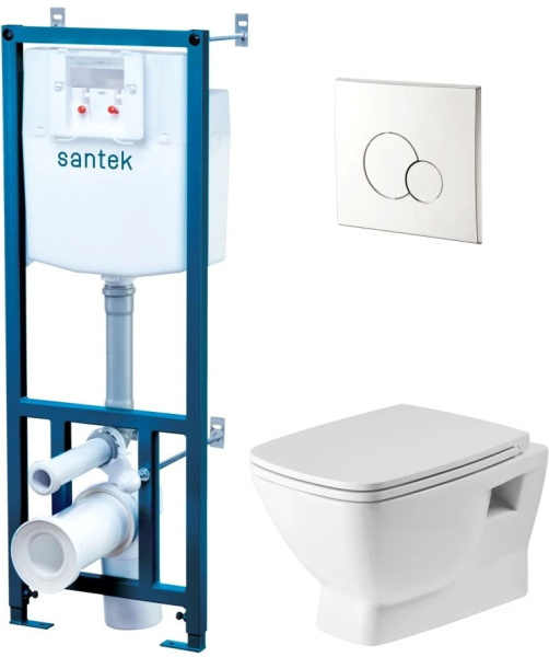 ПЭК: Santek Нео rimless подвесной безободковый унитаз с сиденьем + инсталляция + панель смыва хром () 1.WH50.1.572