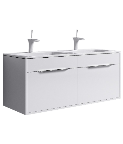 Подвесная тумба с двумя основными ящиками, двумя потайными ящиками, скрытыми за фасадами. Цвет белый гдянец. В комплекте умывальник с двумя чашами из литьевого мрамора