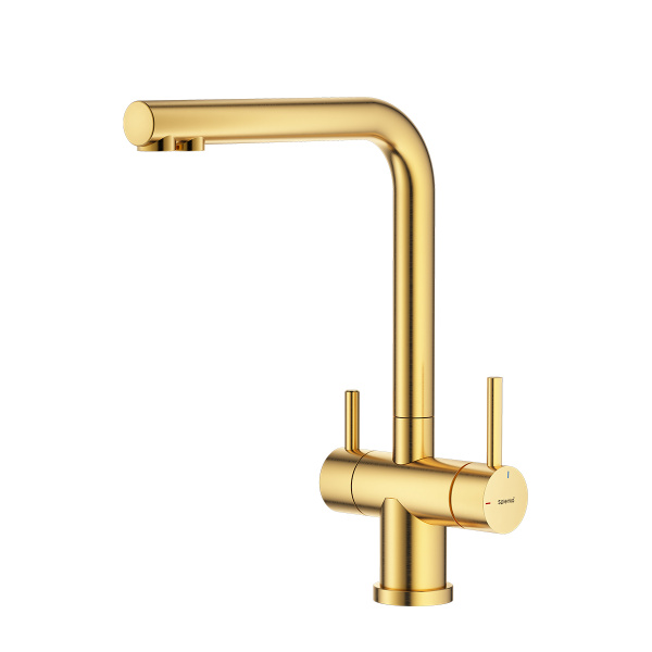 Смеситель Splenka S70.61.03 для кухни с подключением к фильтру Г-образный поворотный излив, сатин золотой