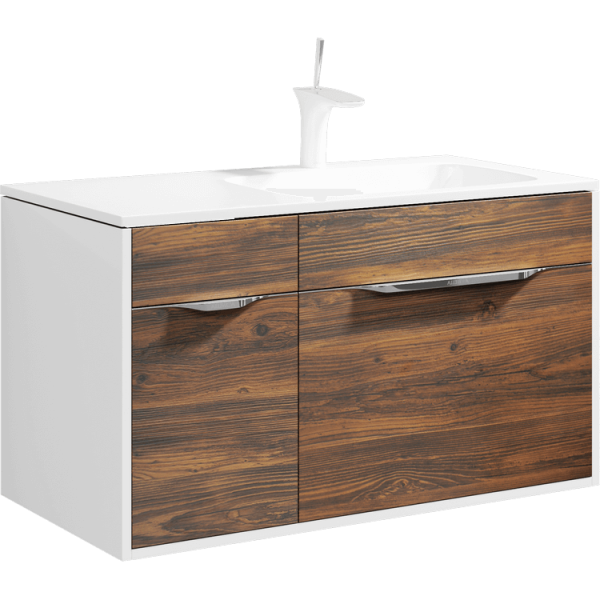 Подвесная тумба с одним основным ящиком, одним потайным ящиком,скрытым за фасадом,одним маленьким ящиком на системе push-to-open, а также 1 дверью с петлями установленными справа. Тумба в цвете крафт тёмный с умывальником из литьевого мрамора