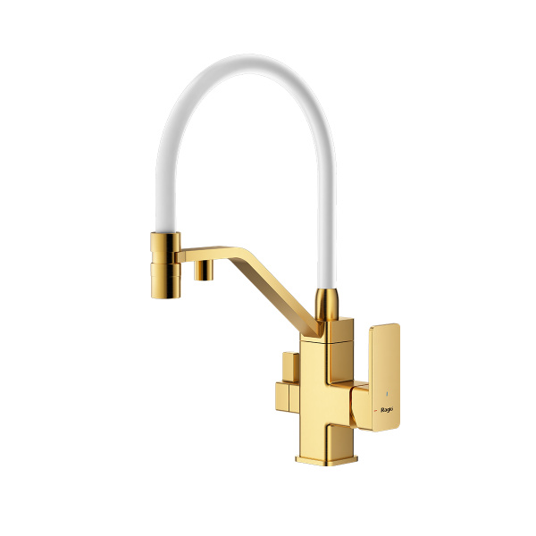Смеситель Raglo для кухни с подключением к фильтру съёмный гибкий излив с магнитным фиксатором, сатин золотой R85.62.03