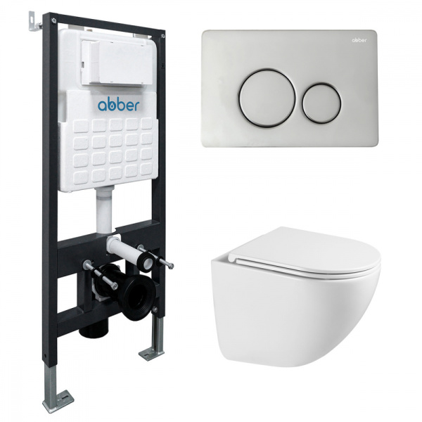 Комплект подвесной унитаз ABBER Bequem AC1131TC белый, с закрытым дном с инсталляцией AC0105 и кнопкой AC0121 хром глянцевый