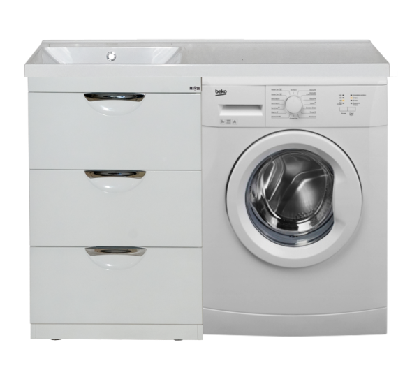 Тумба Куба - 50 3 ящ. под стиральную машину белая эмаль  + раковина правая