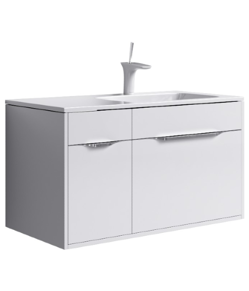 Подвесная тумба с одним основным ящиком, одним потайным ящиком,скрытым за фасадом,одним маленьким ящиком на системе push-to-open, а также 1 дверью с петлями установленными справа. Тумба в цвете белый глянец с умывальником из литьевого мрамора