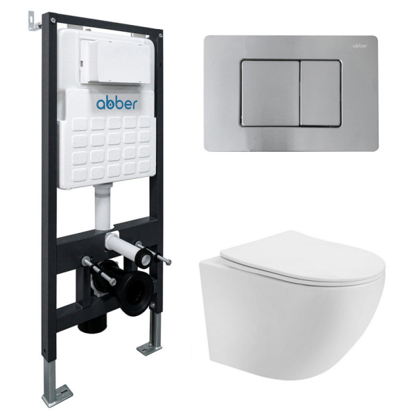 Комплект подвесной унитаз ABBER Bequem AC1100T белый с инсталляцией AC0105 и кнопкой AC0120MCH матовый хром