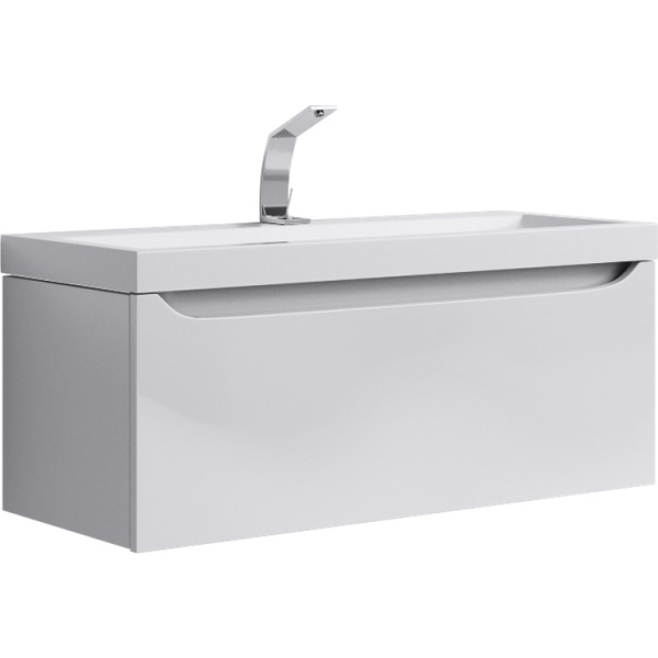 Подвесная тумба в цвете акация с одним выдвижным ящиком и полкой, скрытой за фасадом, из литьевого мрамора