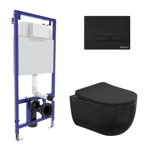 Комплект BERGES для монтажа  подвесного унитаза: инсталляция NOVUM525, кнопка F5 soft touch черный, 