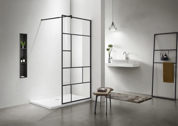 AQ NAG 6310-100 Душевая перегородка Walk in, с держателем 1000x2000 профиль черный матовый, стекло прозрачное с черным принтом 