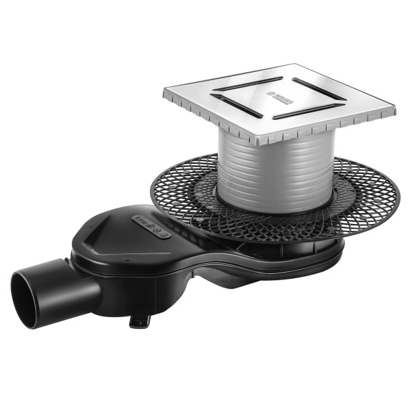 Трап BERGES водосток PLATZ Norma 150х150, Хром матовый, S-сифон D50 H60 боковой