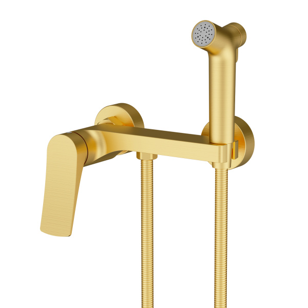 Смеситель Splenka настенный с гигиеническим душем сатин золото