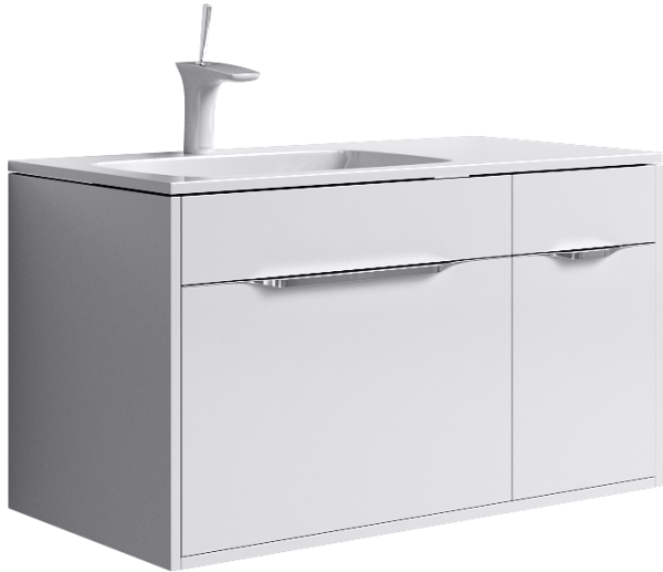 Подвесная тумба с одним основным ящиком, одним потайным ящиком,скрытым за фасадом,одним маленьким ящиком на системе push-to-open, а также 1 дверью с петлями установленными справа. Тумб в цвете белый глянец с умывальником из литьевого мрамора