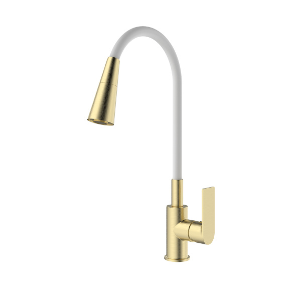 Смеситель Splenka S05.43.03 для кухни высокий гибкий поворотный излив, сатин золотой
