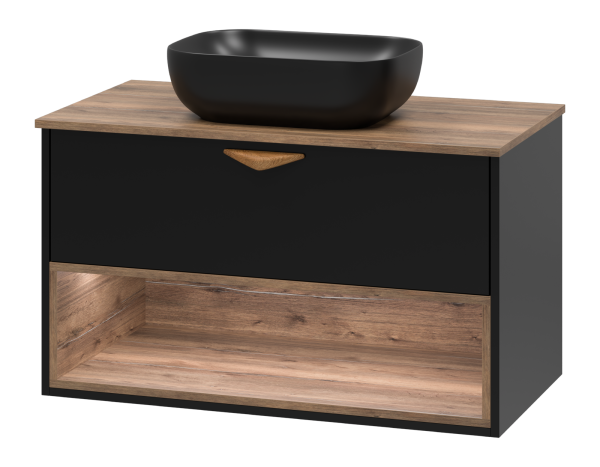 BERGEN - 90 Тумба подвесная 1 ящ. (ДСП (Дуб Гал/черн мат.эмаль) + раковина