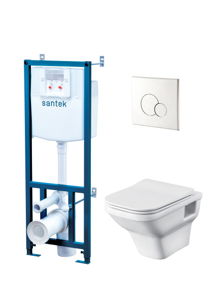 ПЭК Santek Лайн 1WH501729 подвесная чаша безободковая + инсталляция + сиденье тонкое, микролифт +панель хром